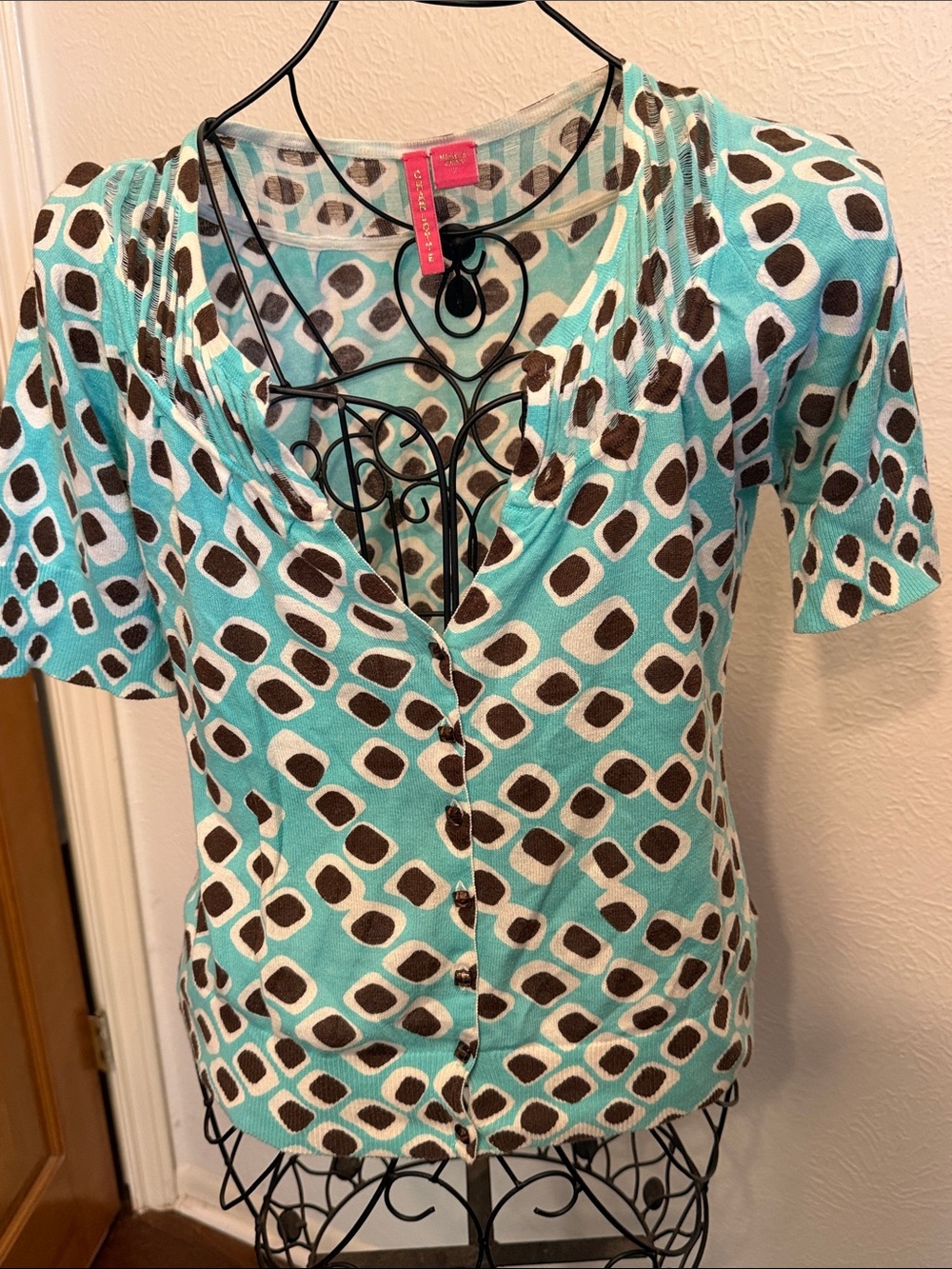 🐮🐮🐮BOGOHO🐮🐮🐮Charlotte Aqua and Brown Geometric Button-Front Top-Large